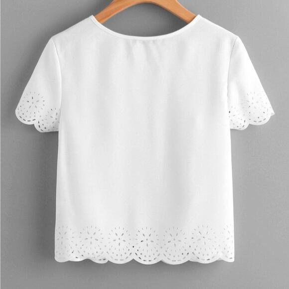 SHEIN Tops - White Short Sleeve Top with Scalloped Laser Cut Edges